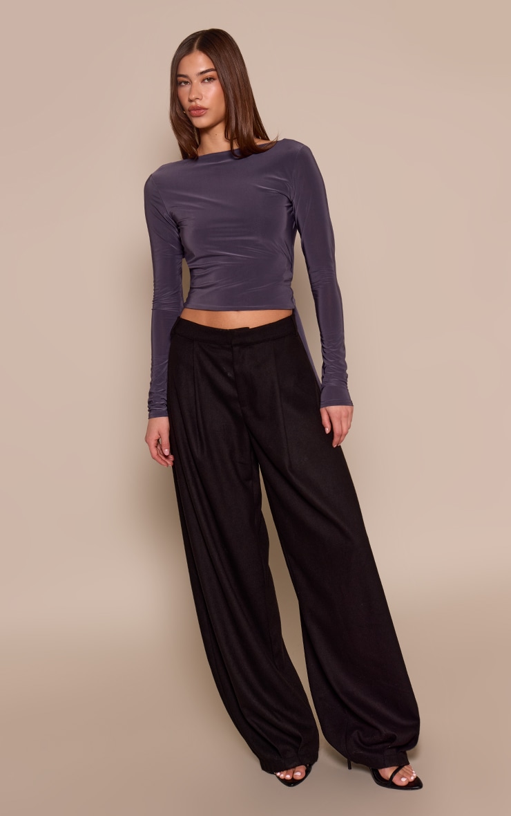 Slate Grey Slinky Draped Asymmetric Open Back Long Sleeve Top image 3