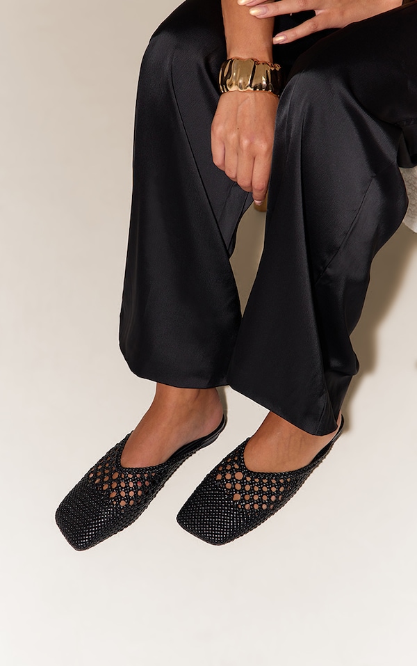 Black Pu Square Toe Woven Flats