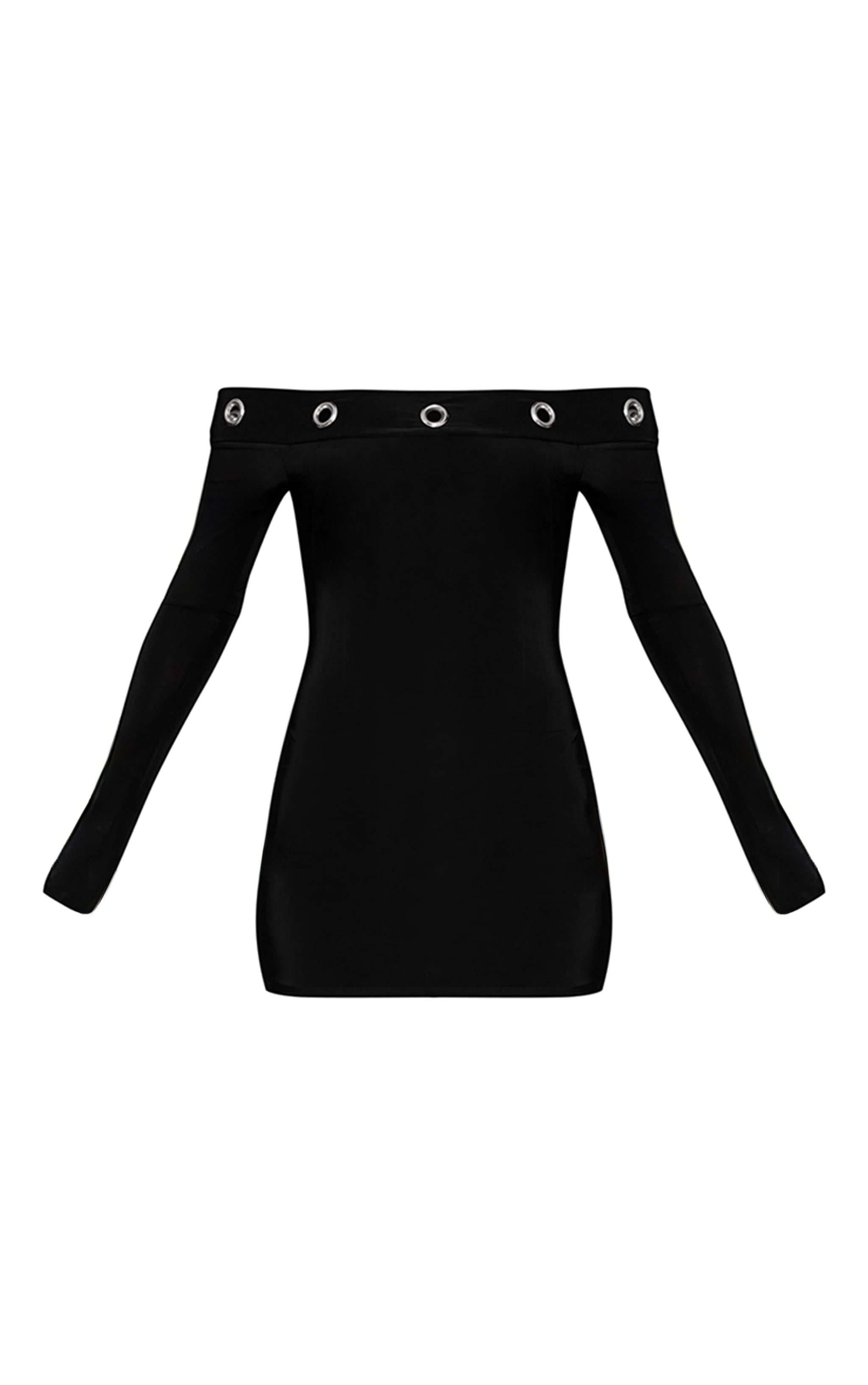 Black Double Layer Slinky Eyelet Bardot Long Sleeve Mini Dress image 5