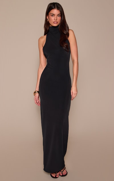 Black Slinky High Neck Asymmetric Midi Dress