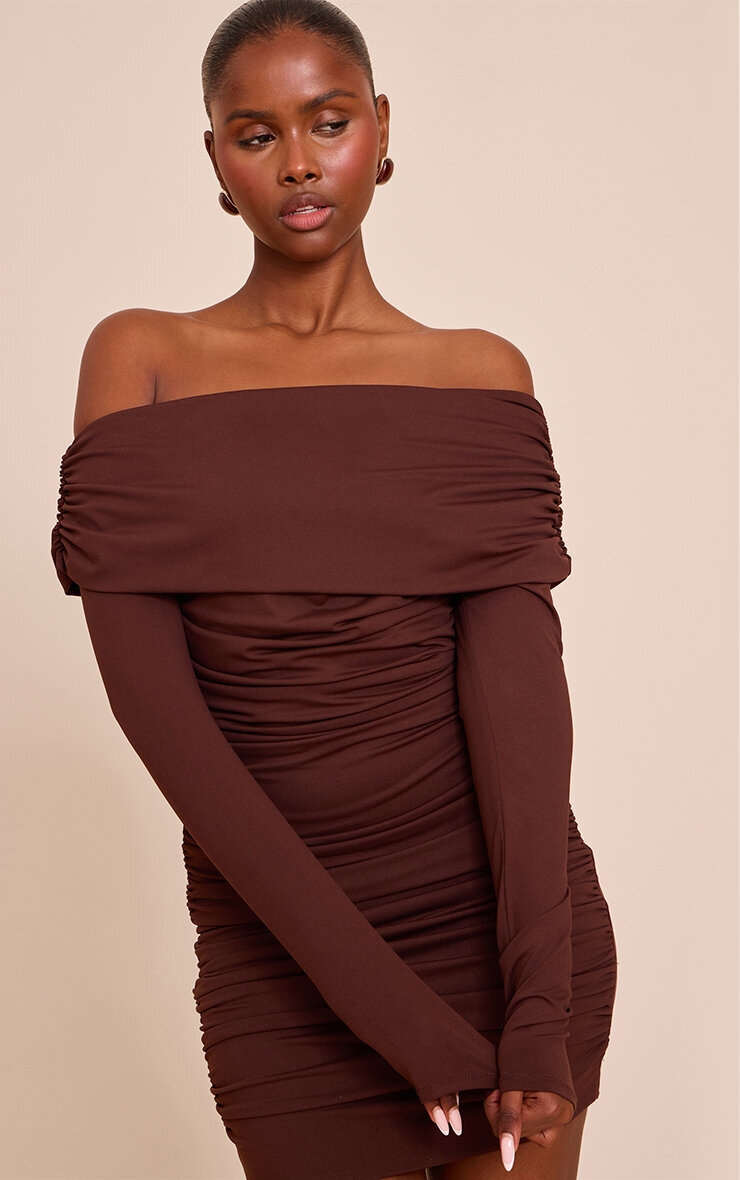Chocolate Soft Touch Fold Over Ruched Mini Dress image 1