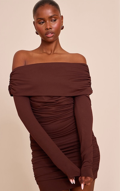 Chocolate Soft Touch Fold Over Ruched Mini Dress