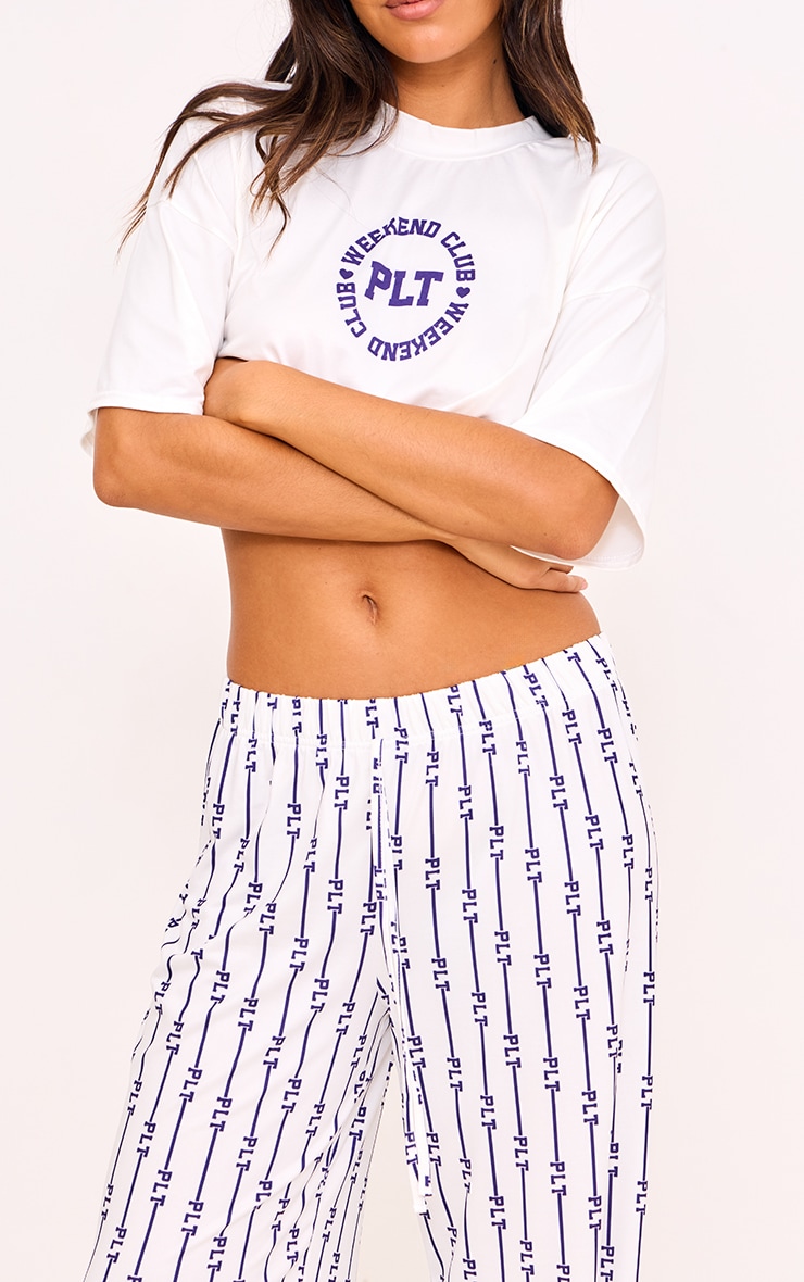 PRETTYLITTLETHING Cream Weekend Club Long PJ Set image 4