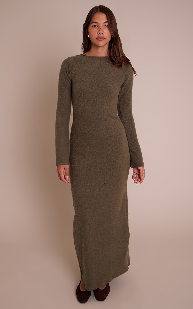 Khaki Brushed Tie Back Long Sleeve Maxi Dress image 2