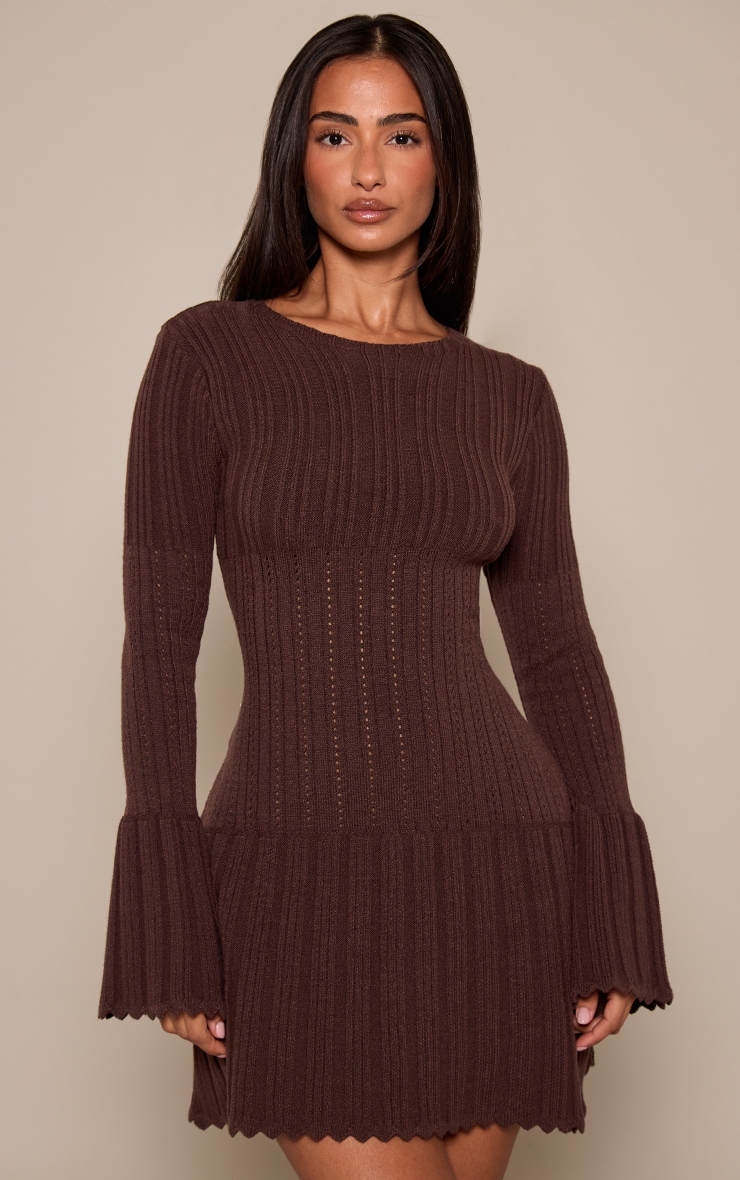 Petite Chocolate Scalloped Knitted Long Sleeve Mini Dress
