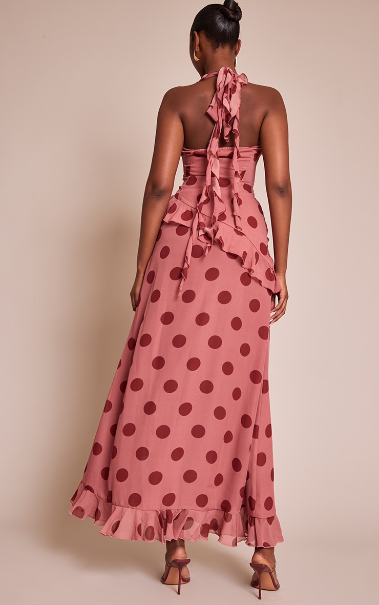 Light Pink Polka Dot Chiffon Ruched Drop Waist Maxi Skirt image 3