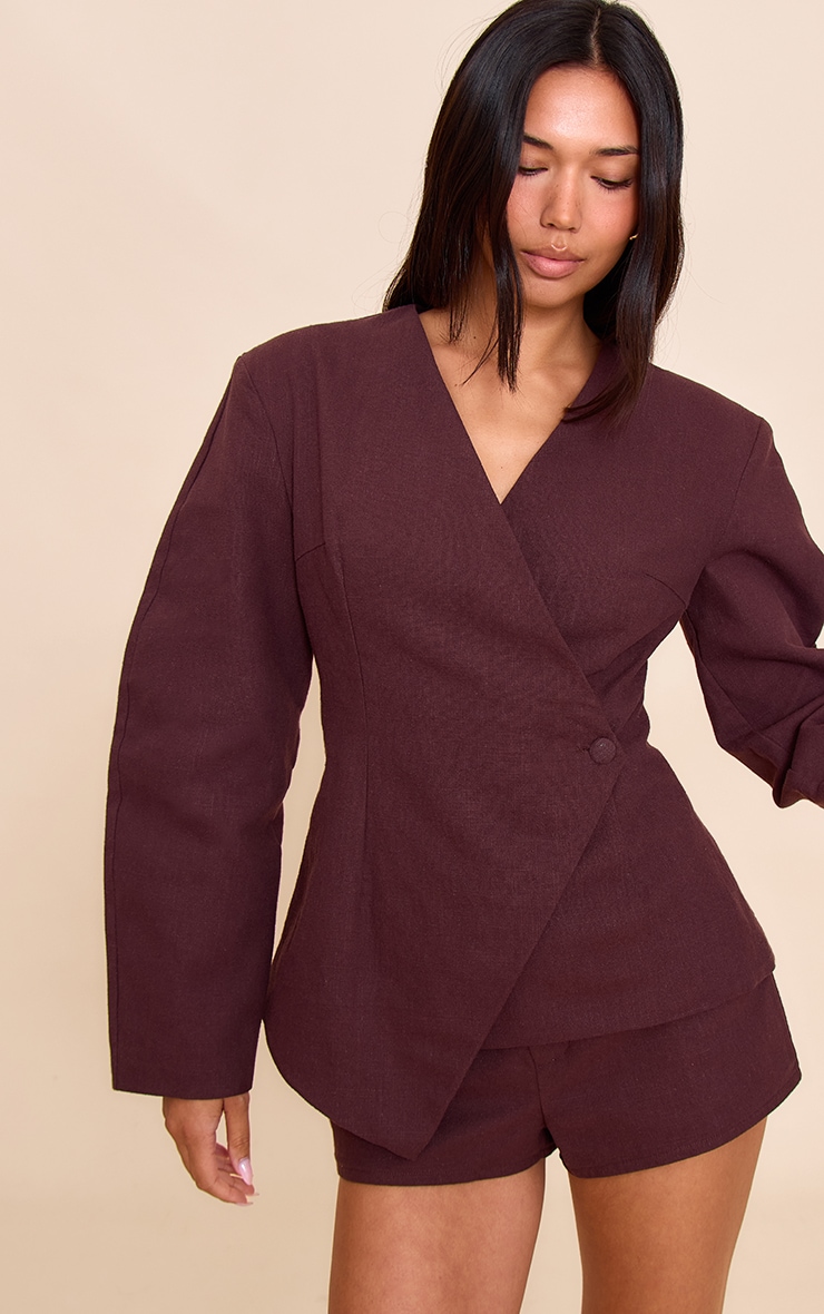 Deep Chocolate Premium Linen Tailored Cocoon Sleeve Cinched Blazer image 4