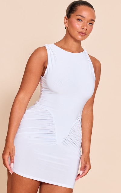 Shape WHITE Sleeveless Ruched V Waist mini Dress