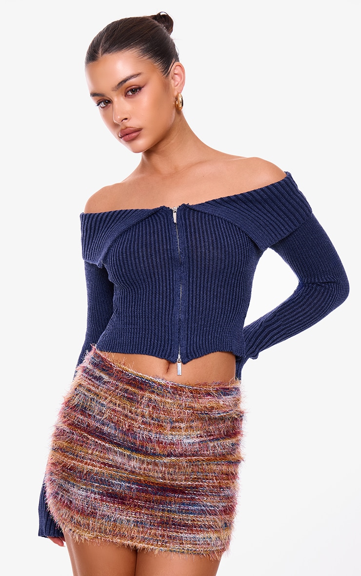Red Stripe Eyelash Knit Micro Mini Skirt image 4