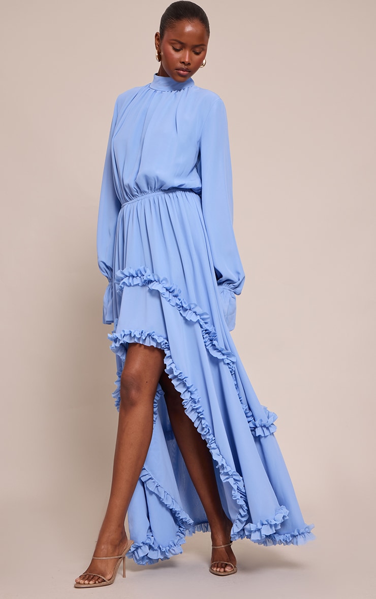 Blue Chiffon High Neck Frill Detail Maxi Dress image 3