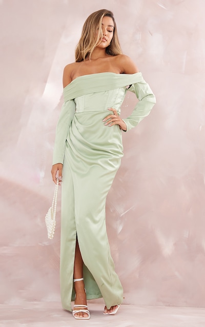 Bridesmaid Sage Green Long Sleeve Bardot Split Maxi Dress
