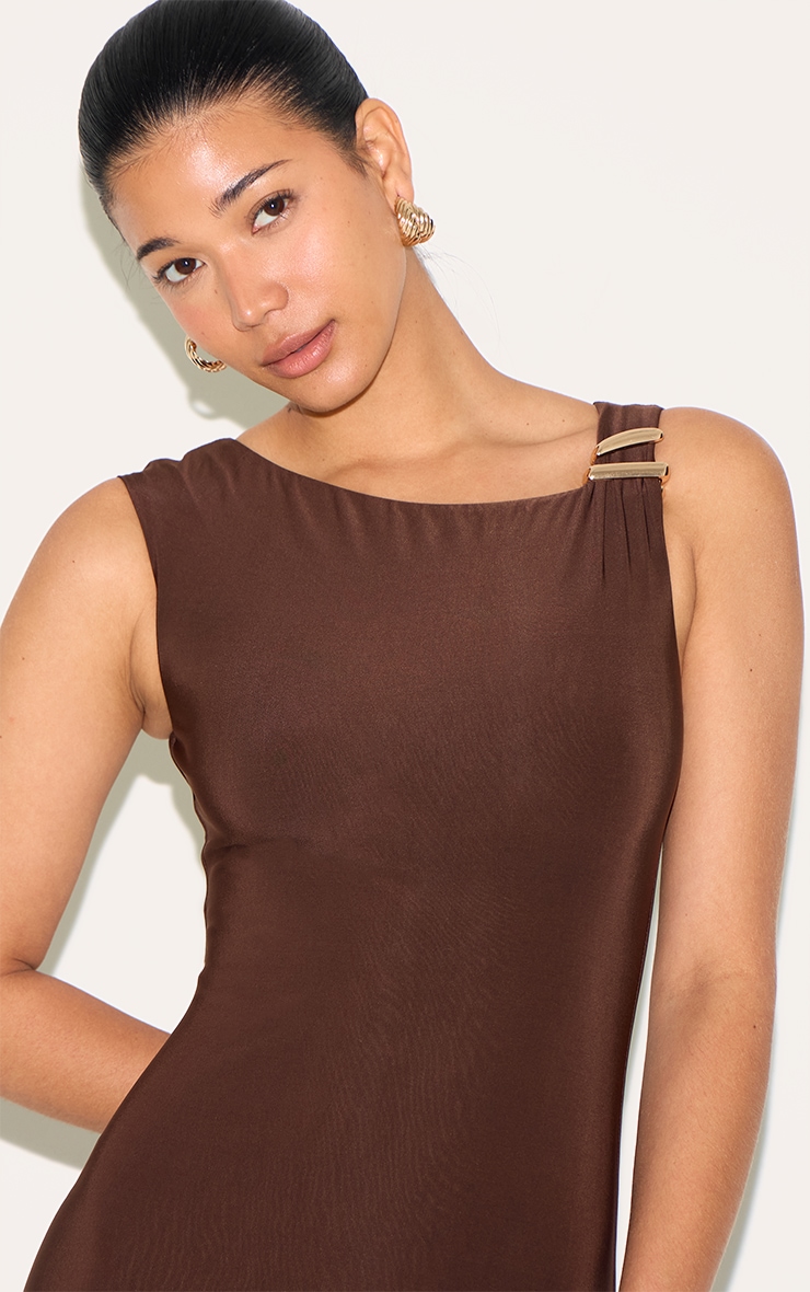 Chocolate Double Slinky Asymmetric Trim Detail Maxi Dress image 4