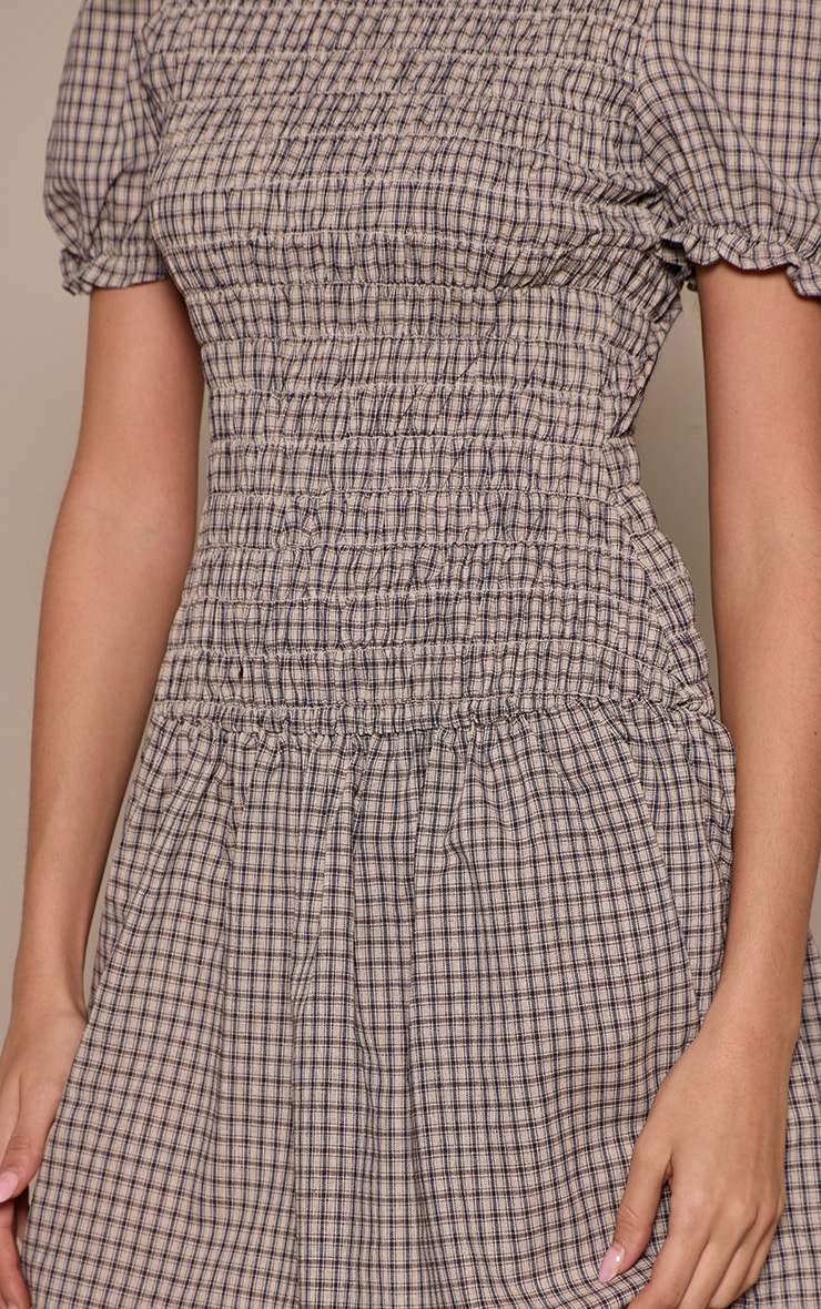 Grey Check Shirred Cap Sleeve Shift Dress image 4