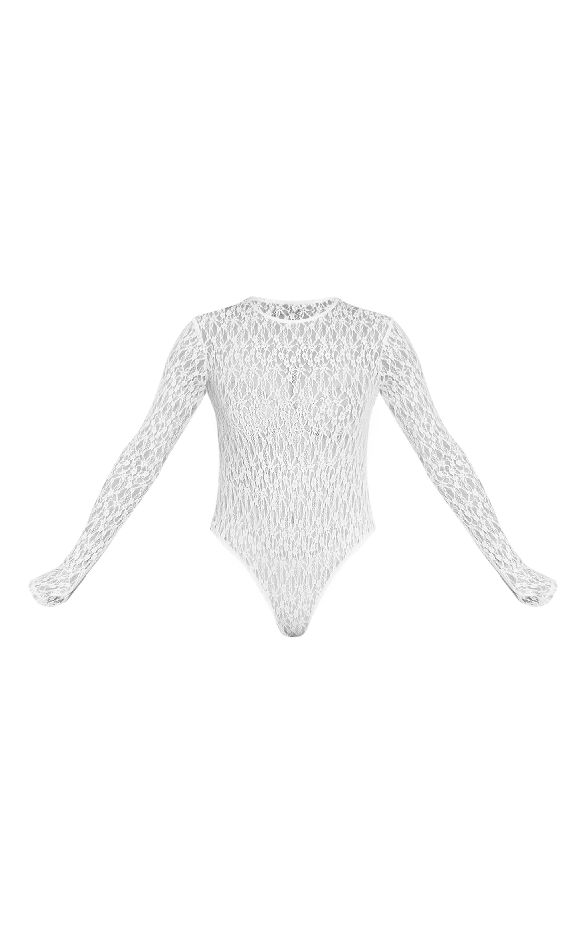 Body en dentelle texturée blanche transparente à manches longues image 5