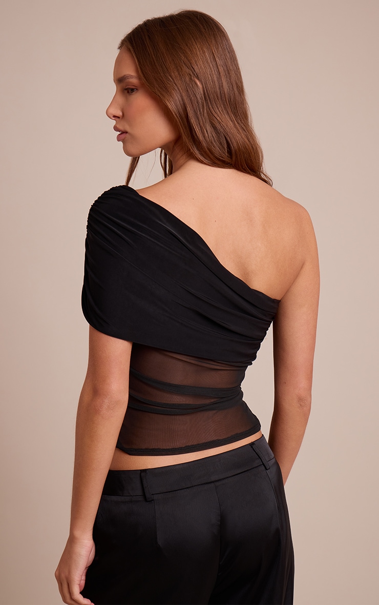Black Mesh Panel Detail Asymmetric Long Top  image 2