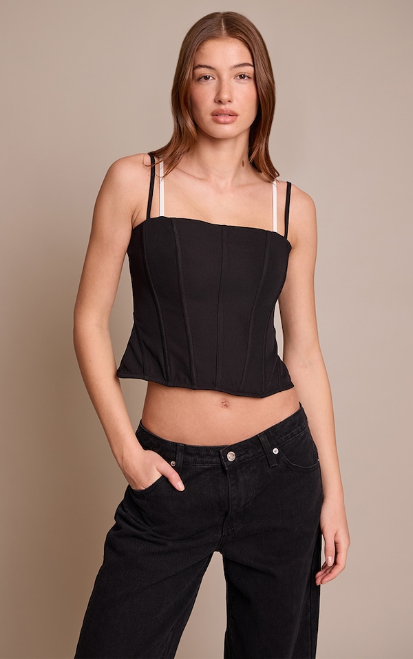 Black Contrast Woven Strappy Corset