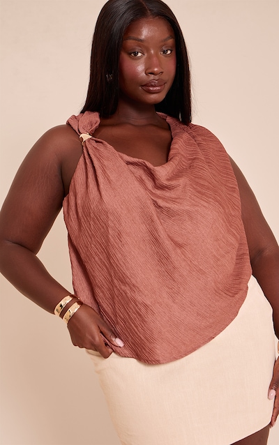 Plus Top drapé tissé texturé marron à empiècement