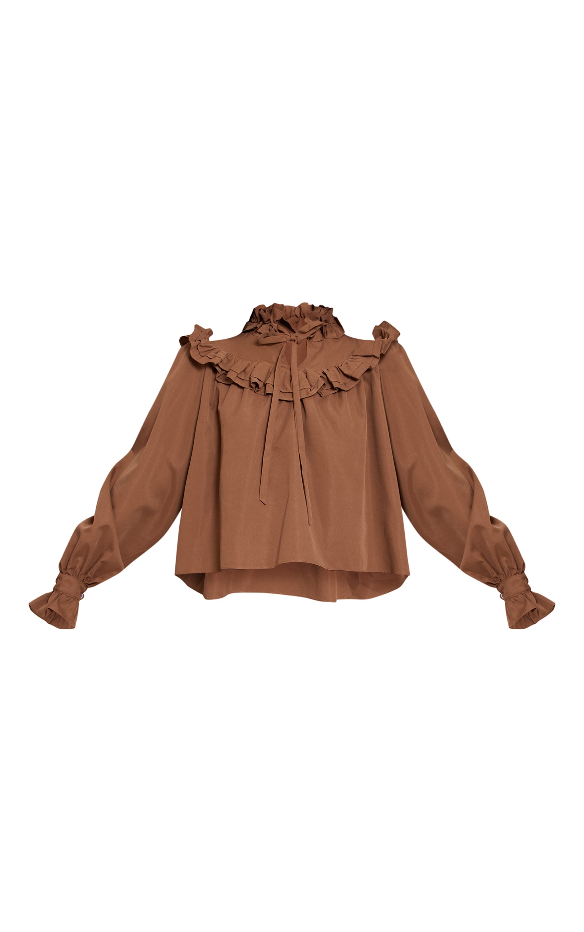 Chocolate High Neck Cotton Frill Detail Long Sleeve Shirt image 5