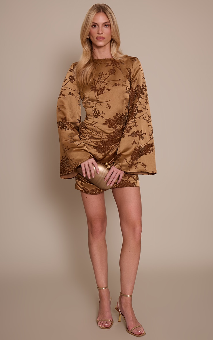 Gold Jacquard Boat Neck Flute Sleeve Mini Dress image 3