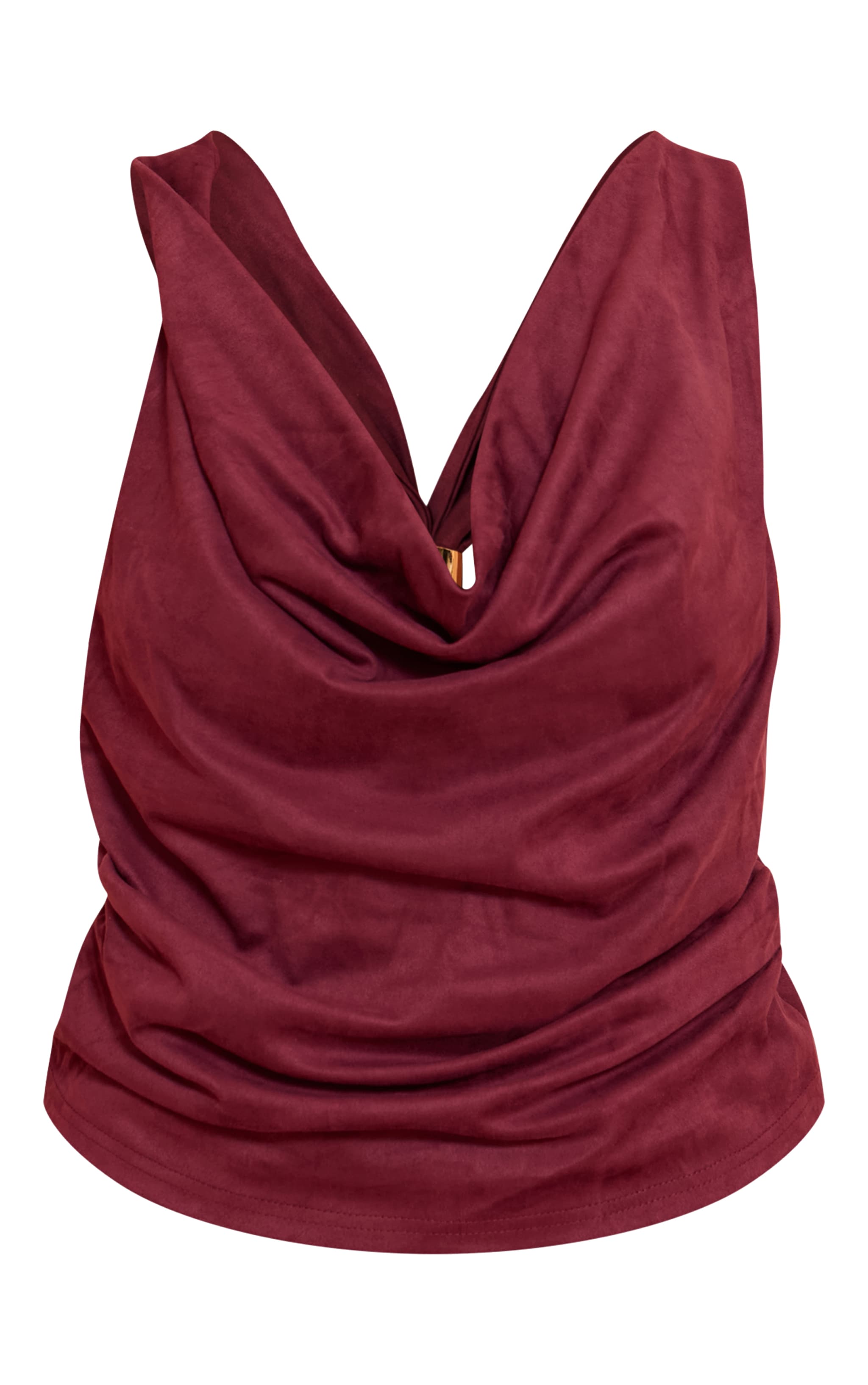 Shape Wine Faux Suede Cowl Neck Gold Trim Top image 5