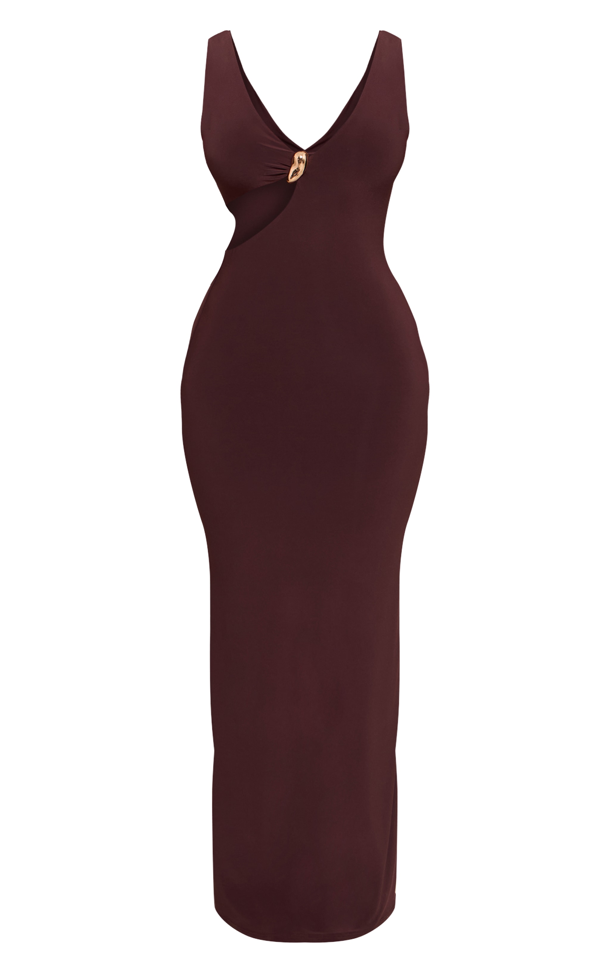 Shape Chocolate Plunge Front Gold Trim Cut Out Maxi Dress image 5