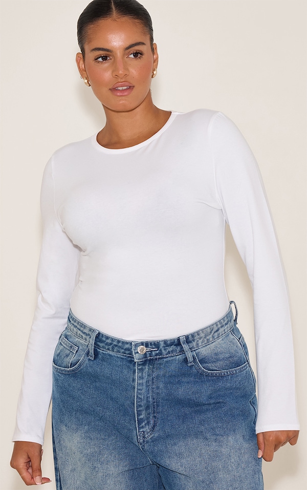 Plus White Cotton Crew Neck Long Sleeve Bodysuit 