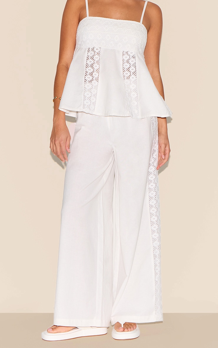 Petite White Linen Look Crochet Side Detail Wide Leg Pants image 2