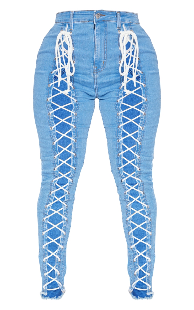PRETTYLITTLETHING Shape Light Blue Wash Extreme Lace Up Skinny Jeans image 5