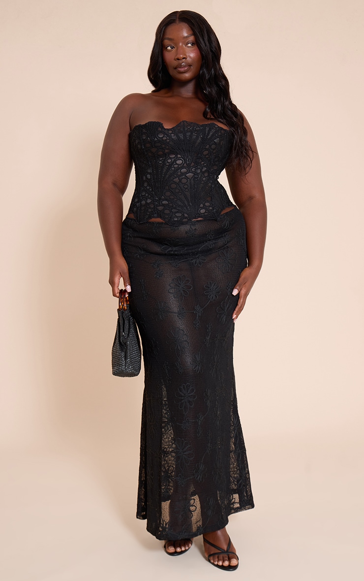 Plus Black Flower Detail Sheer Maxi Skirt image 1