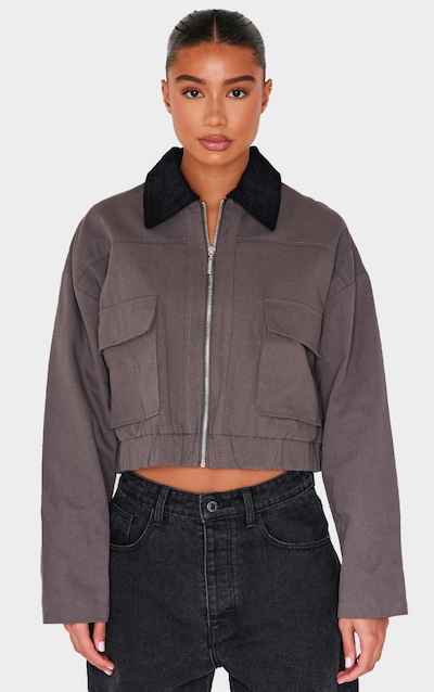 Dark Grey Contrast Collar Twill Jacket