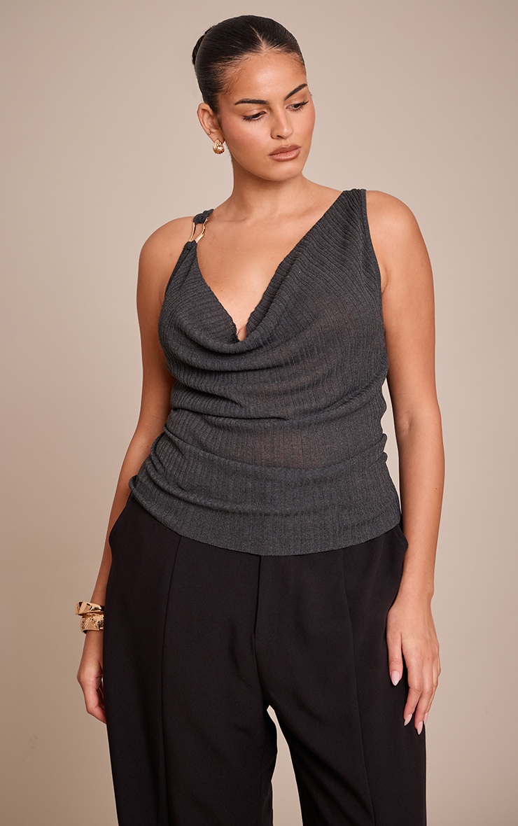 Plus Charcoal Trim Detail Cowl Neck Knit Top