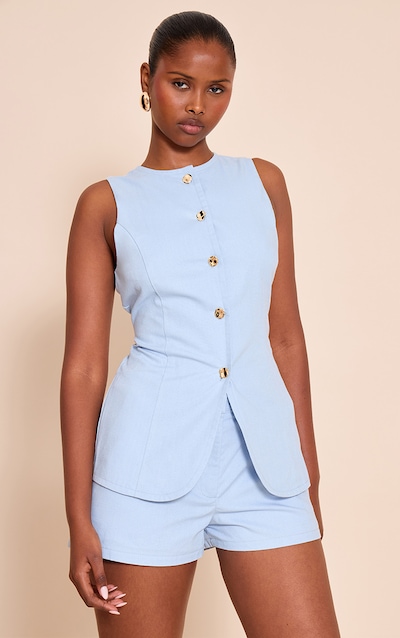 Pale Blue Textured Gold Button Trim Waistcoat