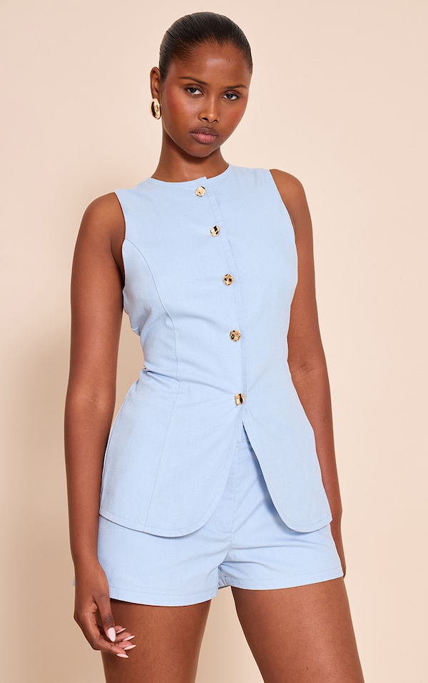 Pale Blue Textured Gold Button Trim Vest
