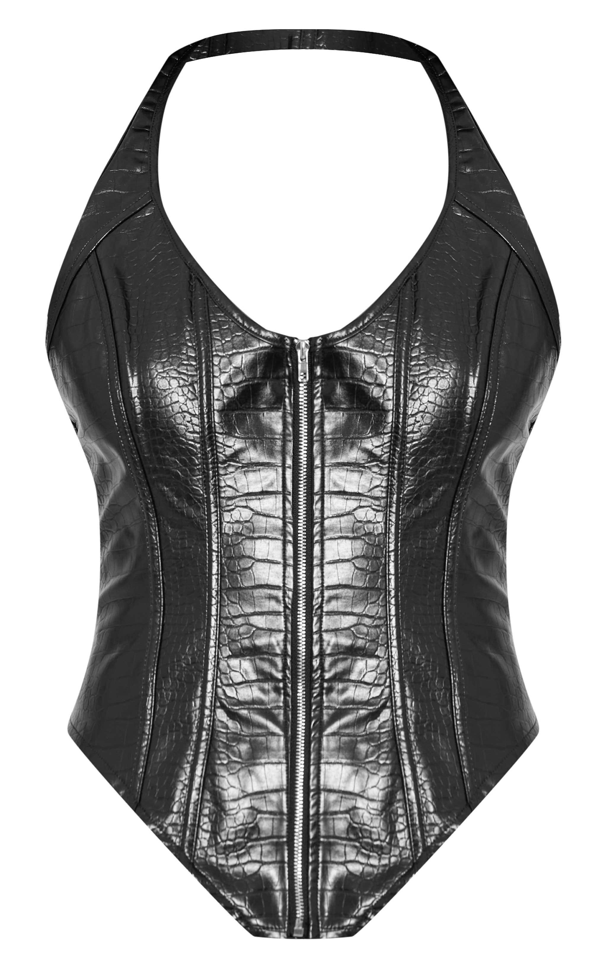 Black Croc Faux Leather Boned Dip Hem Corset image 5