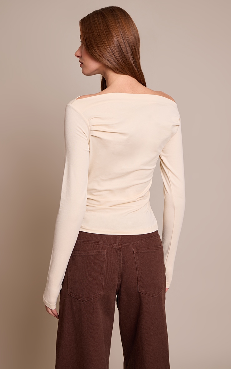 Oatmeal Soft Cotton Ruched Asymmetric Long Sleeve Top image 2