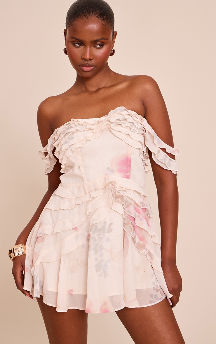  Multi Print Bardot Frill Details Shift Dress image 1