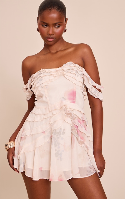 Multi Print Bardot Frill Details Shift Dress