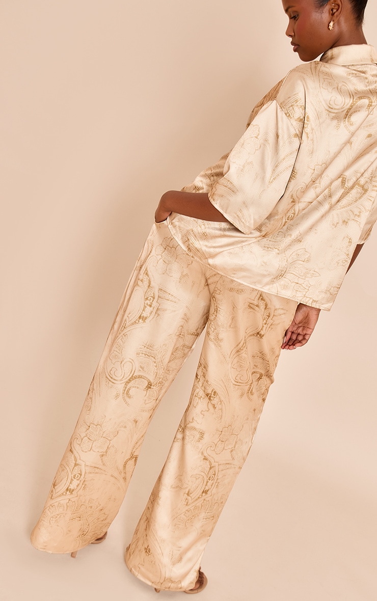 Pale Chartreuse Paisley Printed Satin Straight Leg Pants image 3