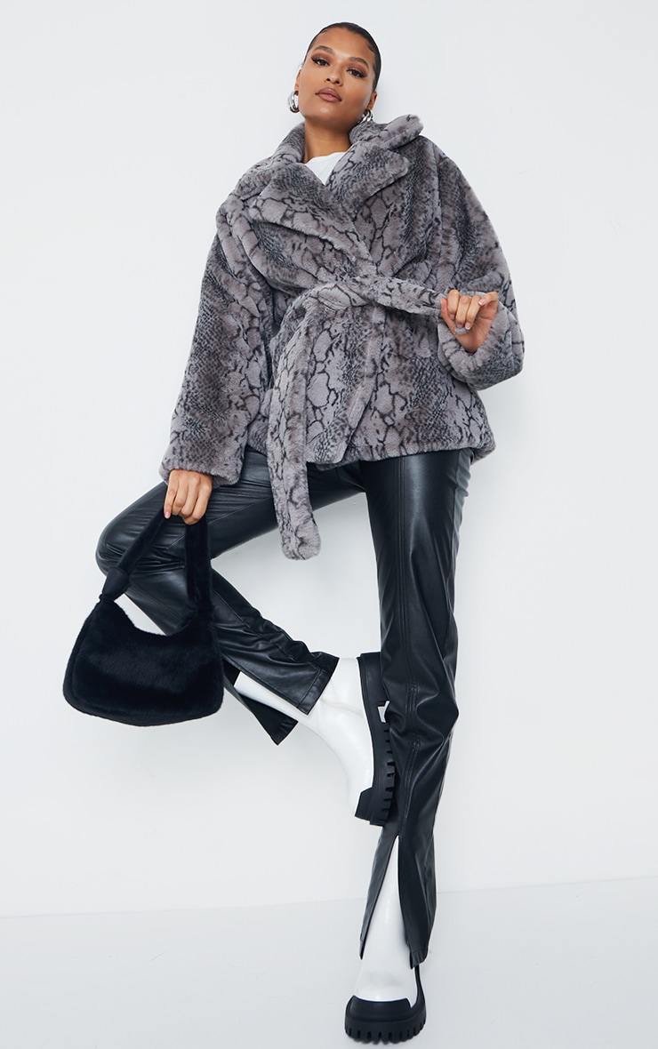 Grey Snake Print Faux Fur Coat