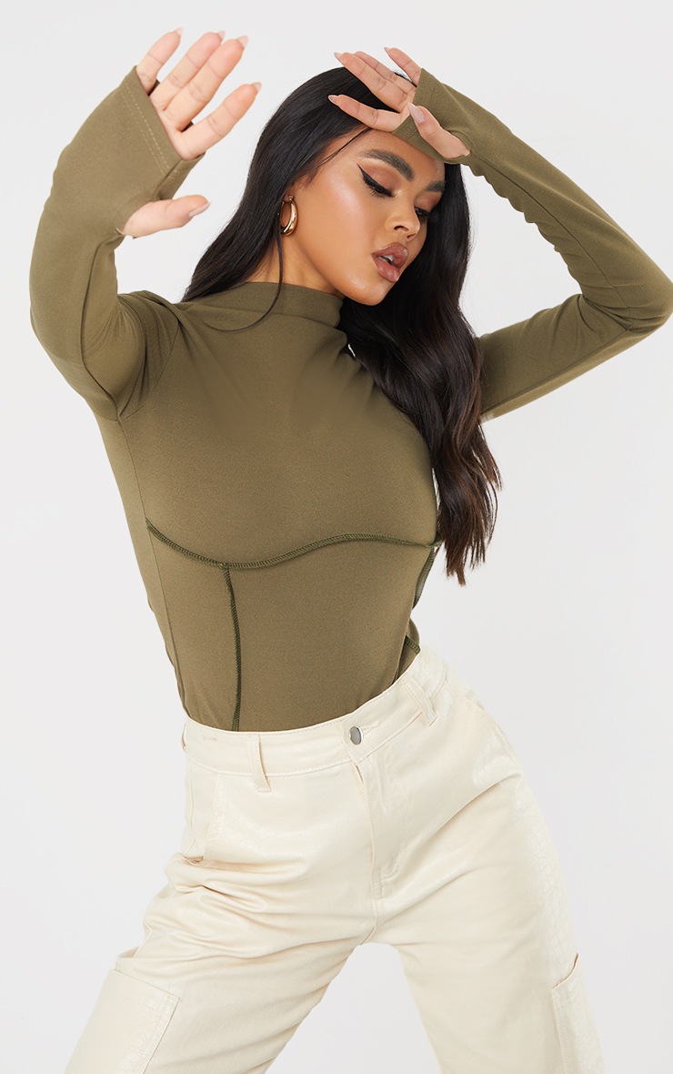 Khaki High Neck Underbust Seam Detail Long Sleeve Bodysuit
