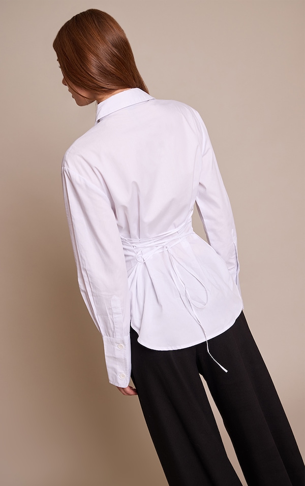 White Fitted Tie Back Deep Cuff Shirt