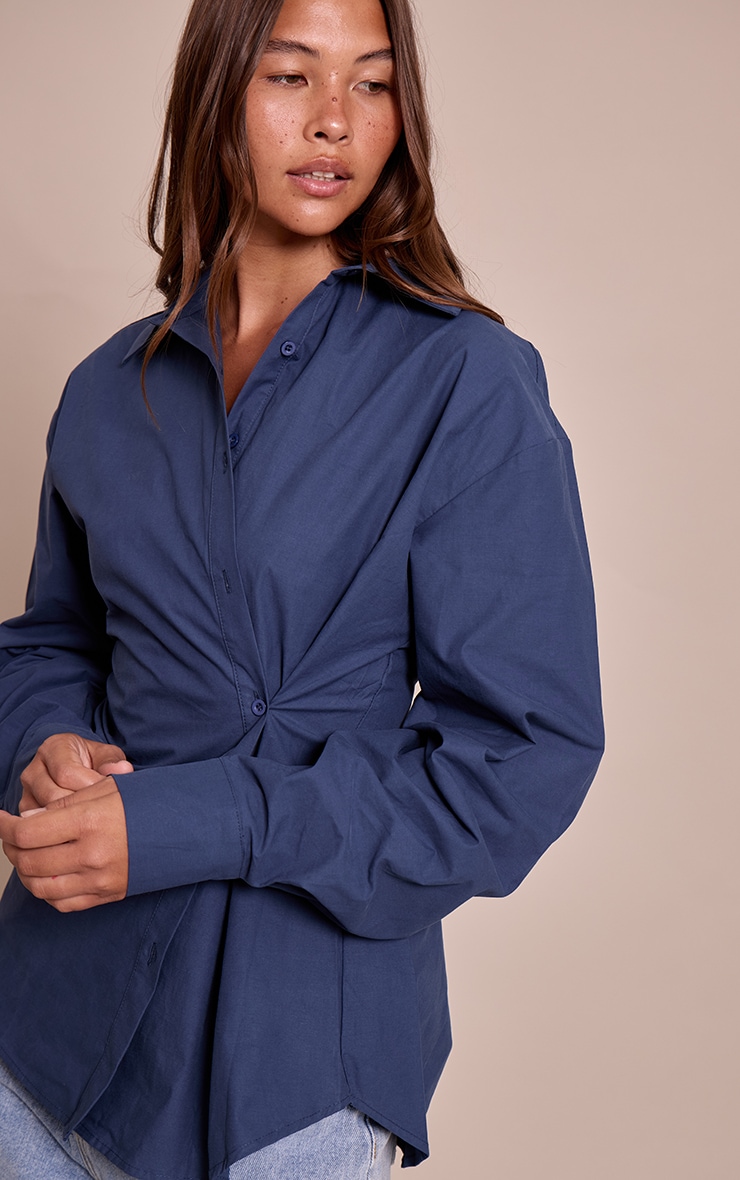 Navy Cotton Multi Button Cinched Shirt image 1