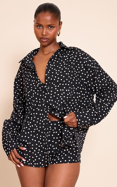Black Woven Oversized Polka Dot Shirt