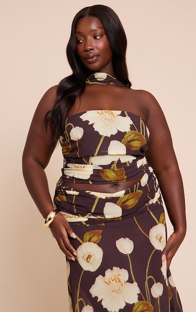 Plus Dark Chocolate Floral Printed Chiffon Scarf Detail Ruched Bandeau Top