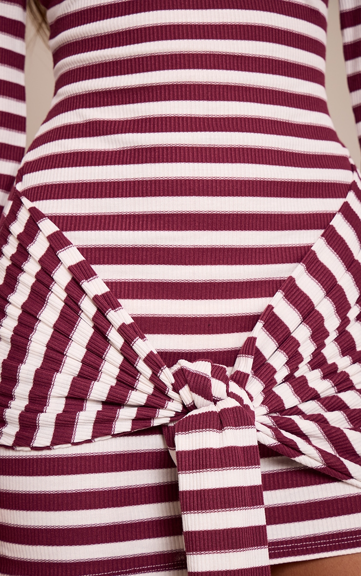 Burgundy Striped Long Sleeve Wrap Detail Bodycon Dress image 4