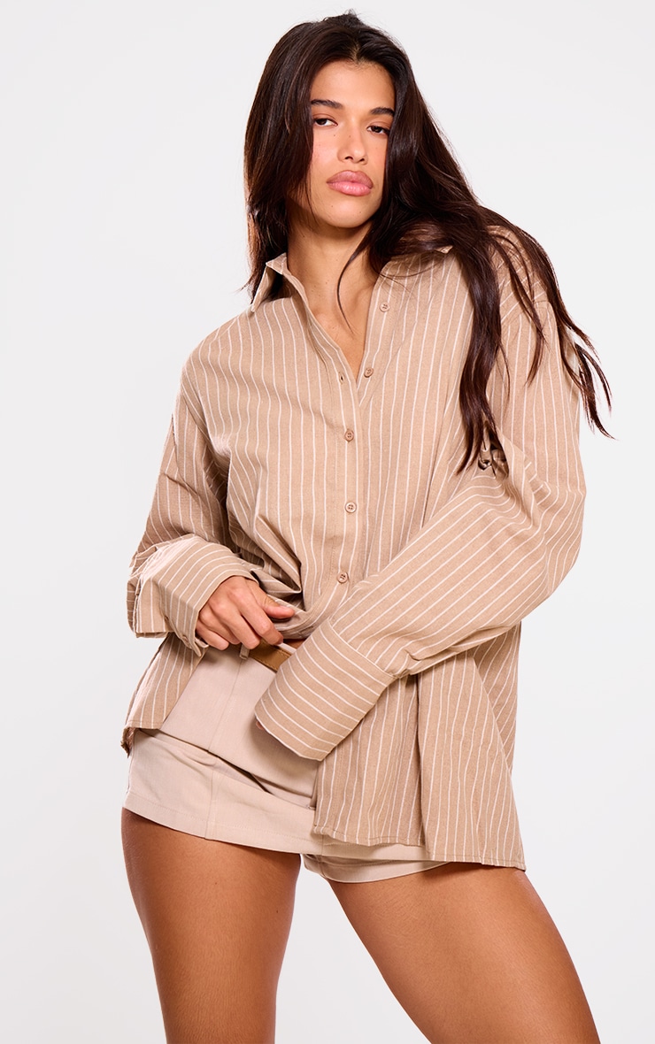 Beige Oversized Pinstripe Cuff Shirt image 4