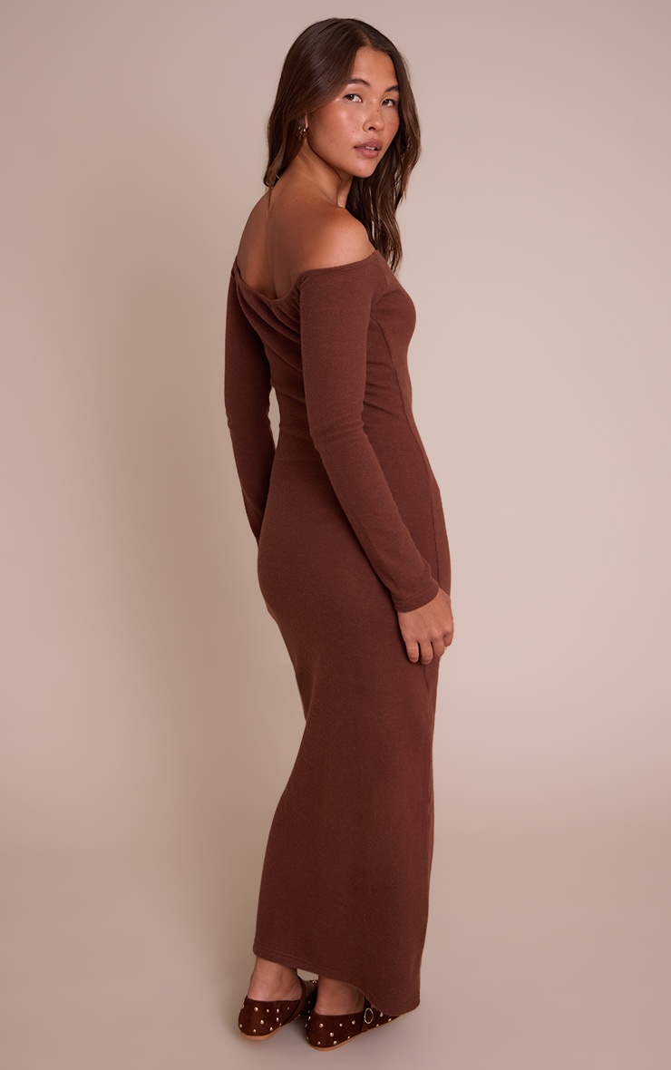 Chocolate Super Soft Bardot Long Sleeve Maxi Dress image 2
