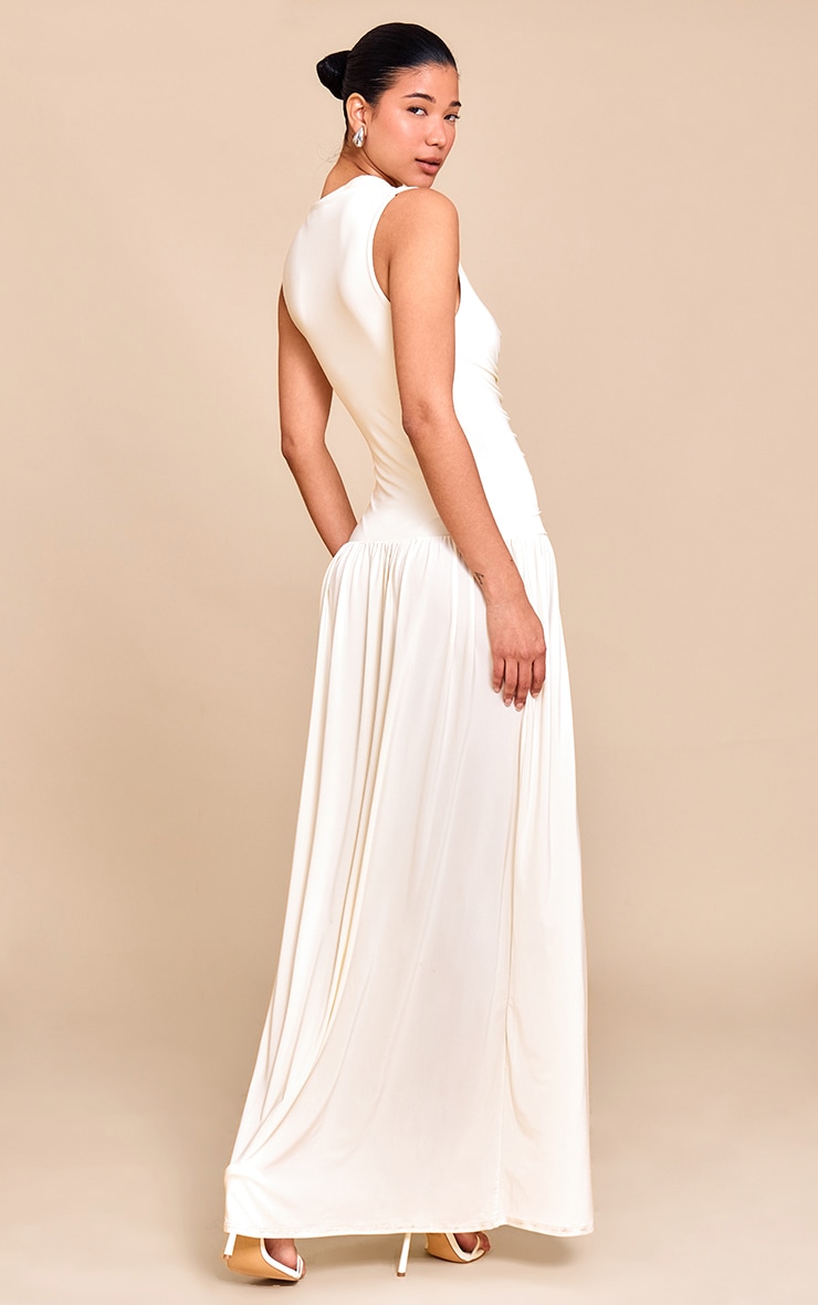 Cream Double Layer Soft Touch Drop Waist Ruched Maxi Dress image 2