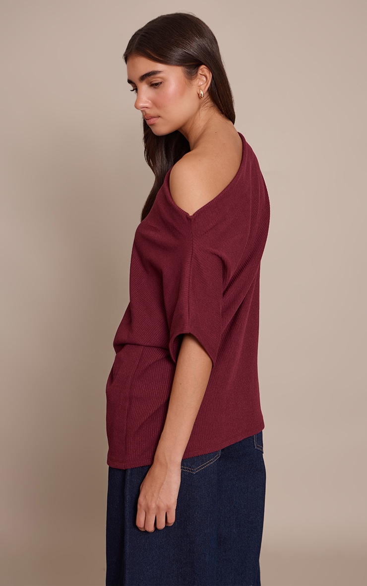 Wine Thick Rib Asymmetric Slouchy Long Top image 2