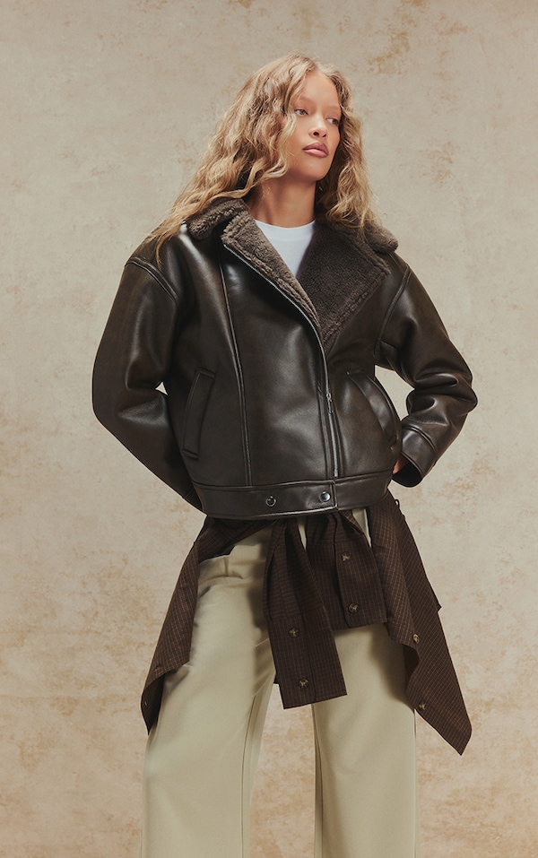 Khaki Borg Collar Faux Leather Aviator Jacket